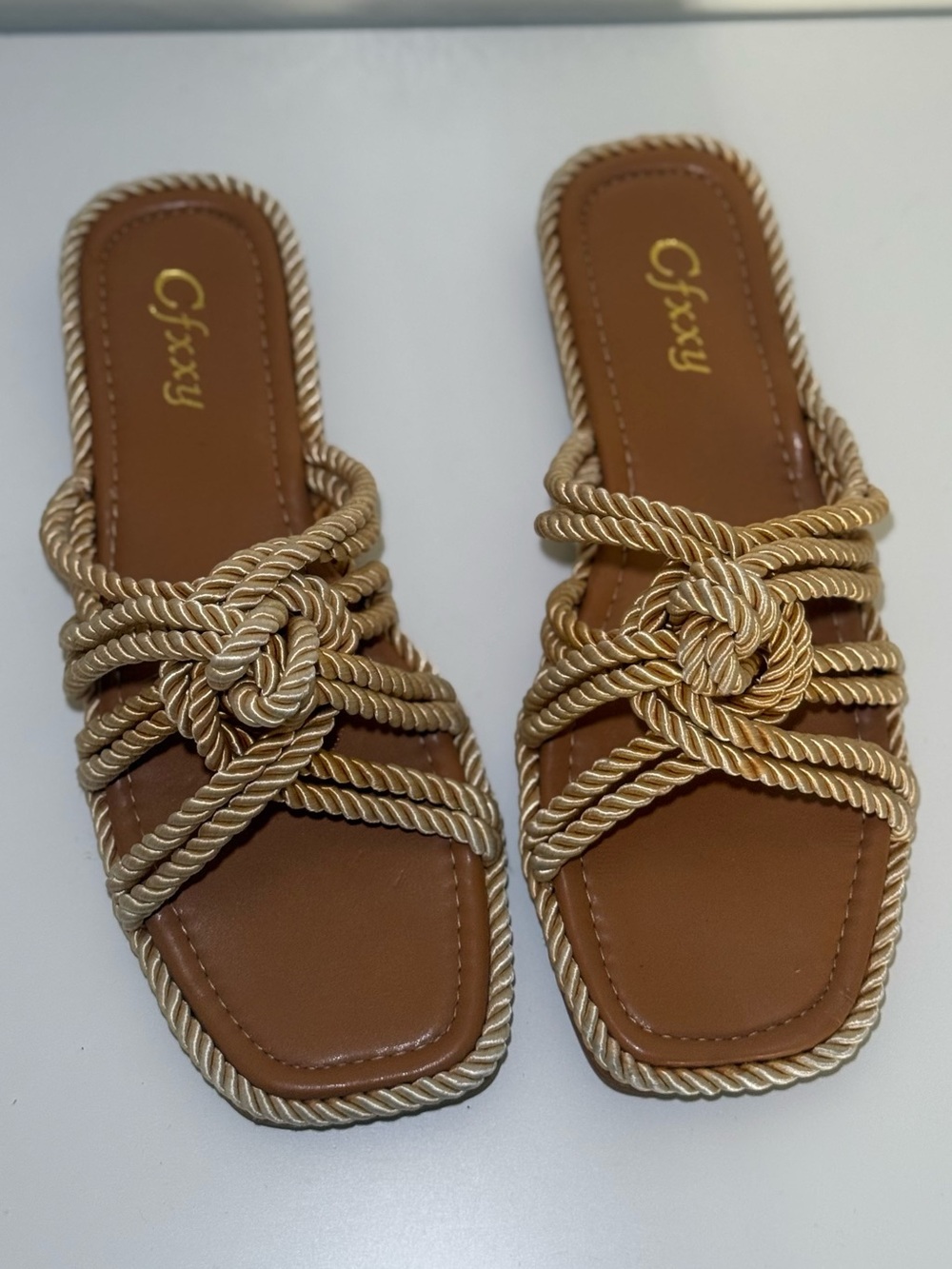 Women's Tan Gold Rope Knot Slide Sandals Size 9